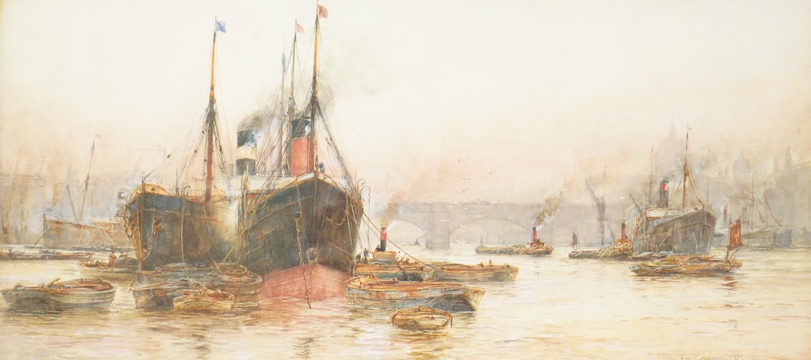 Frederick William Scarborough (1860-1939), Thames view with tug boats and ships, signed, watercolour, 23 x 52cm
